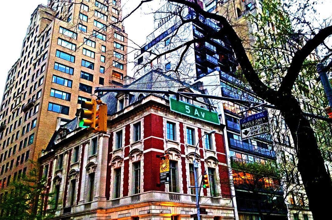 Cruce de la Quinta Avenida de Nueva York, con un edificio de esquina de ladrillo rojo, un semáforo y ramas desnudas en primer plano.