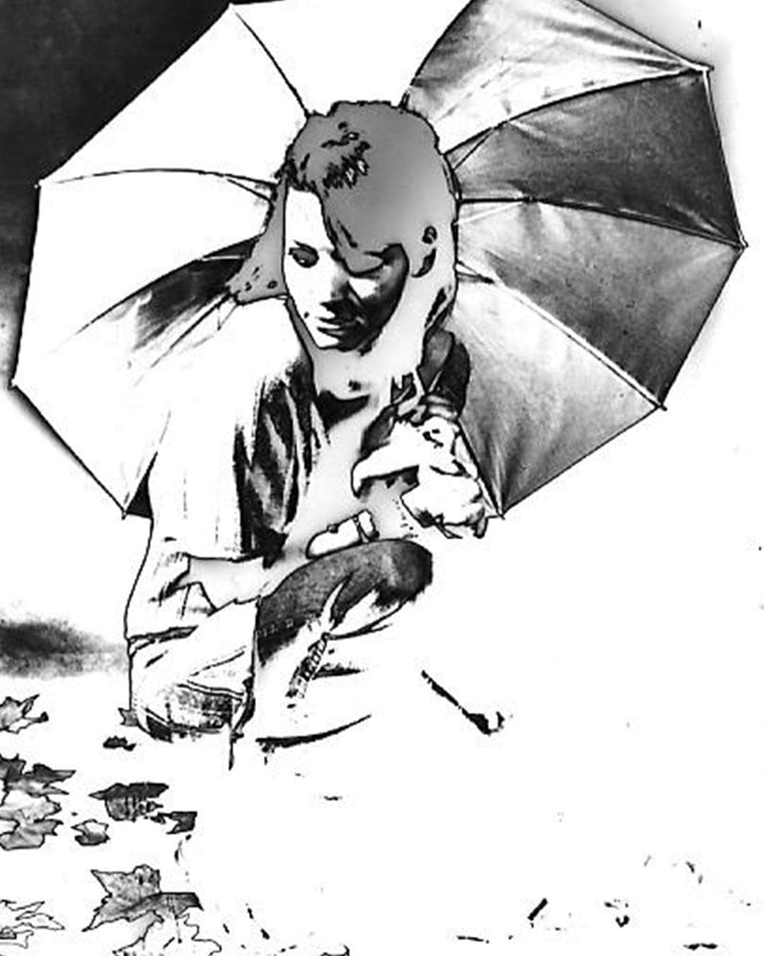 Imagen solarizada en blanco y negro de una persona bajo un paraguas, reducida a manchas de alto contraste.