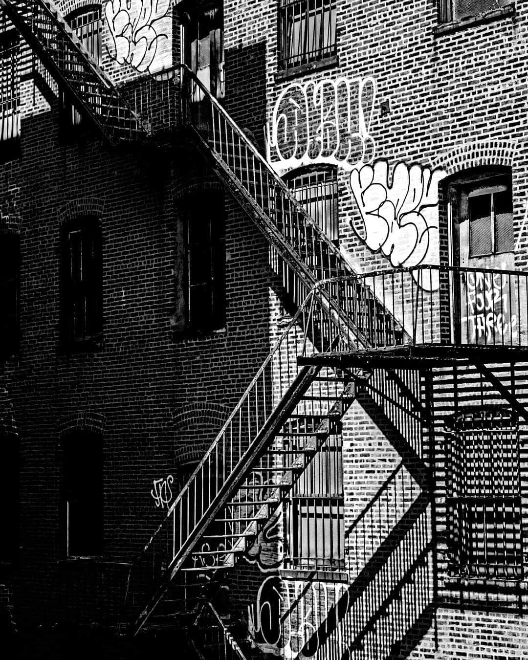 Escaleras de incendios de un edificio de ladrillo con grafitis, en blanco y negro y con mucho detalle.