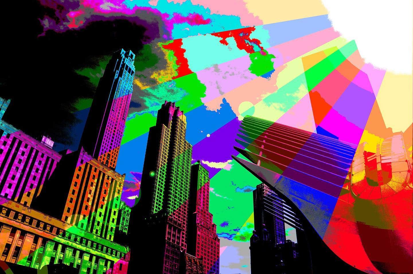 Rascacielos recortados sobre bandas de color plano, en una composición digital.