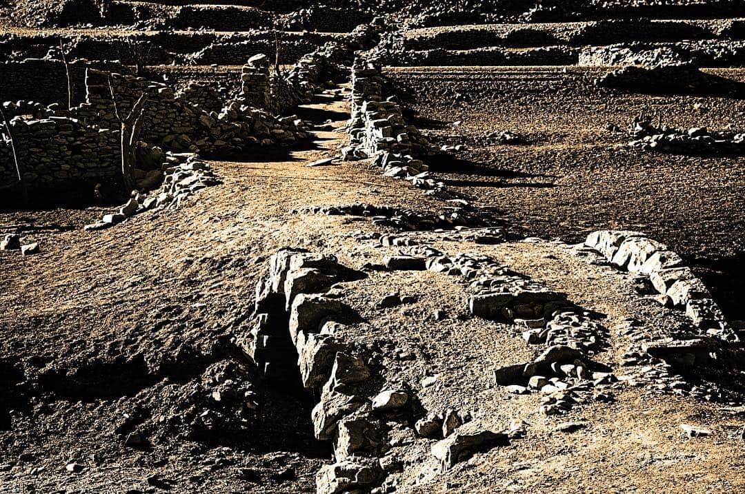 Restos de un puente y muros de piedra alineados sobre terreno seco, en tonos sepia.