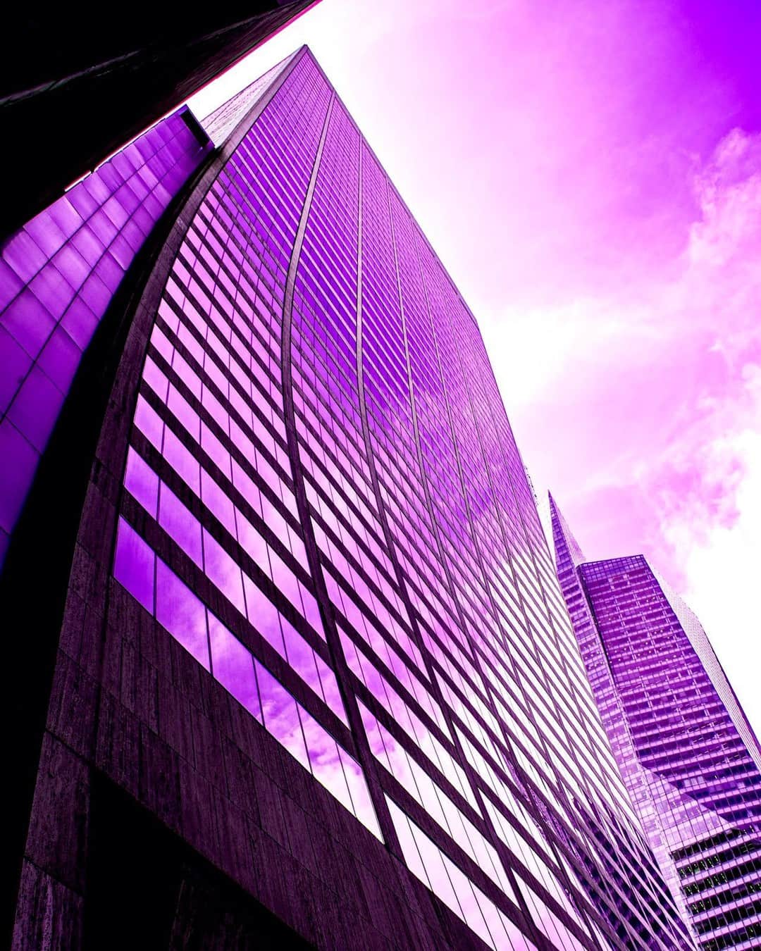 Rascacielos de fachada acristalada visto desde abajo en diagonal, con el cielo virado a magenta.