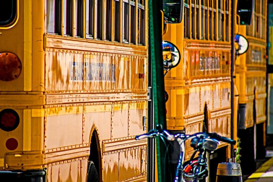 Lateral de un autobús escolar amarillo aparcado junto a una acera, con una bicicleta al lado.