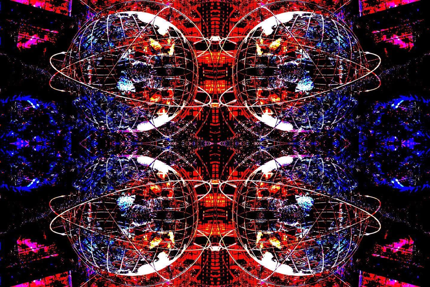 Composición digital simétrica de trazos rojos y azules sobre fondo negro.