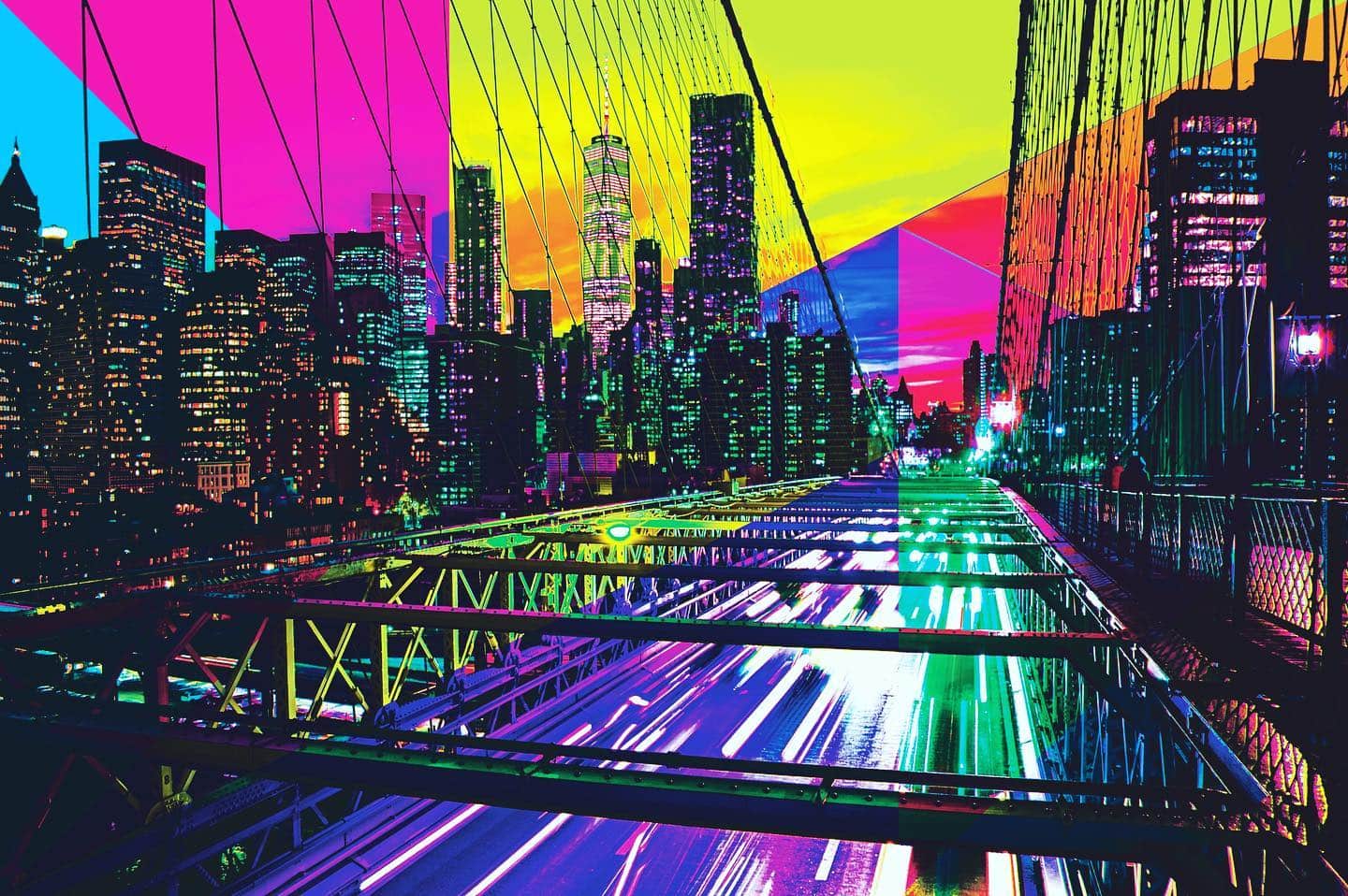 Puente de Nueva York tratado digitalmente, con el skyline y la calzada en colores planos y saturados.