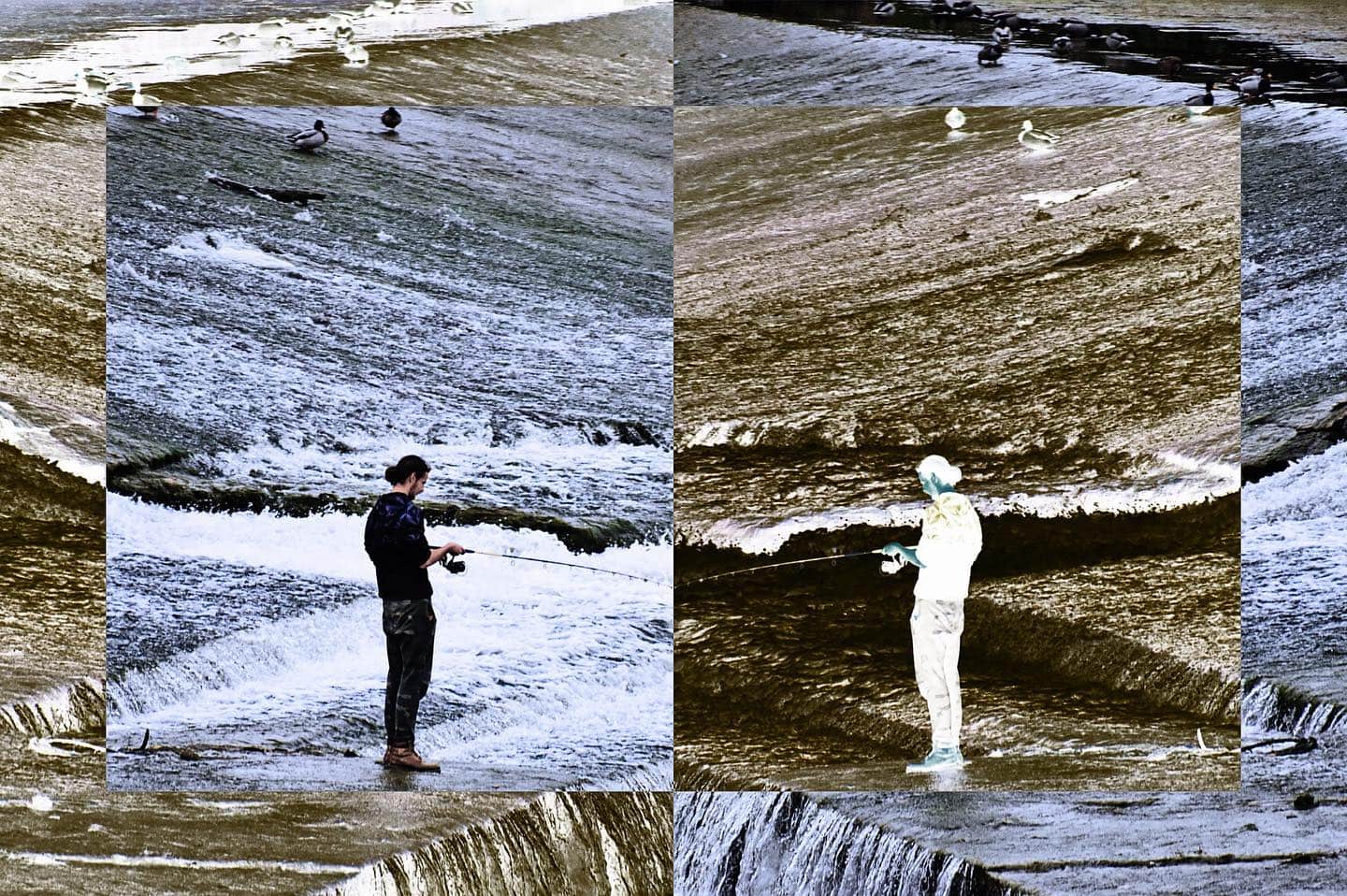Díptico de una figura pescando en la orilla de un río, en dos versiones de la misma escena.