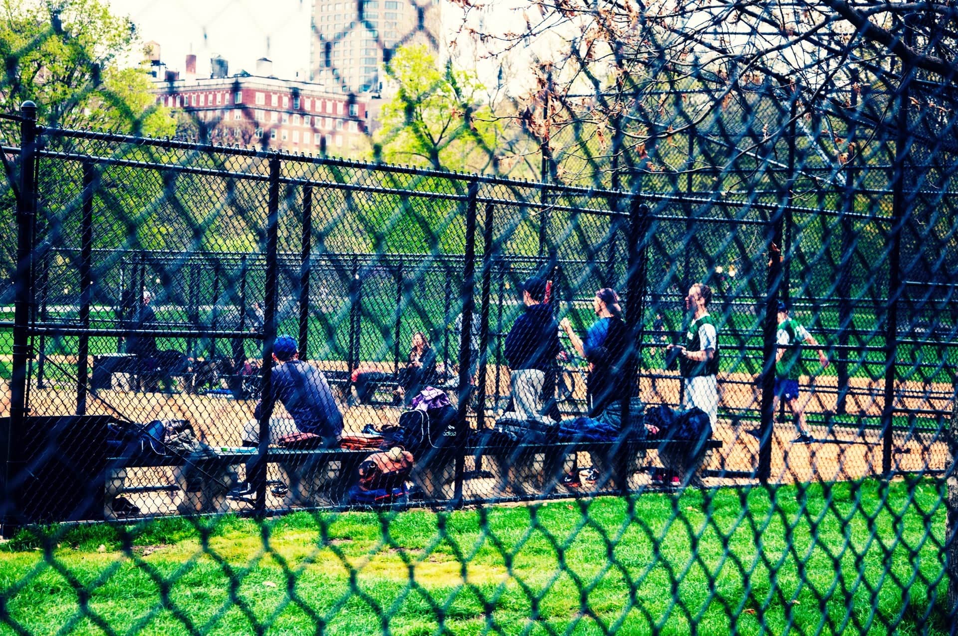 Jugadores de béisbol en un banco, vistos a través de una alambrada, con edificios de ladrillo y depósitos de agua al fondo