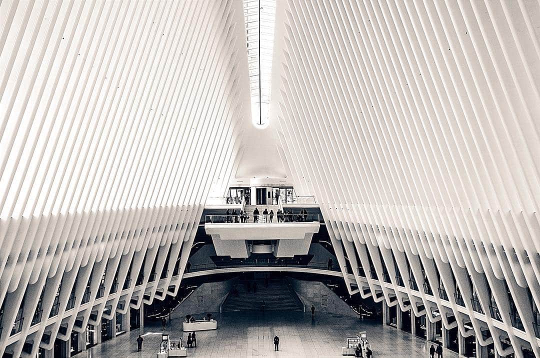 Interior del Oculus de Nueva York, con las costillas blancas convergiendo hacia la claraboya central.