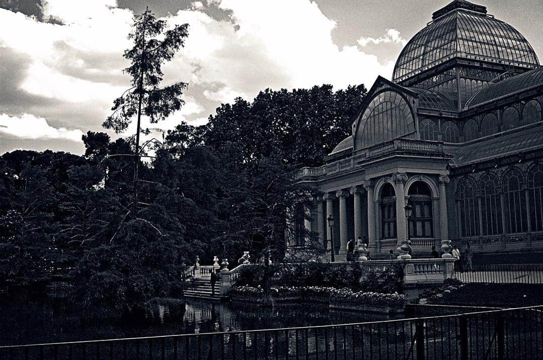 Palacio de Cristal del Retiro visto desde el estanque, entre árboles, en tonos apagados.
