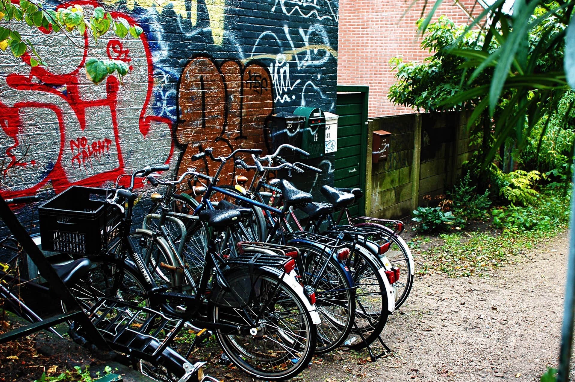 Bicicletas apoyadas contra un muro con grafitis rojos, azules y negros, junto a una puerta verde de madera con buzones.