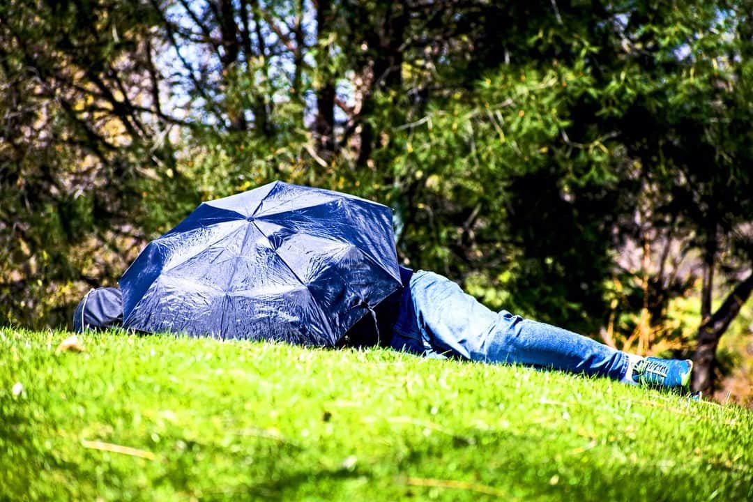 Persona durmiendo sobre el césped de un parque, tapada con un paraguas azul.