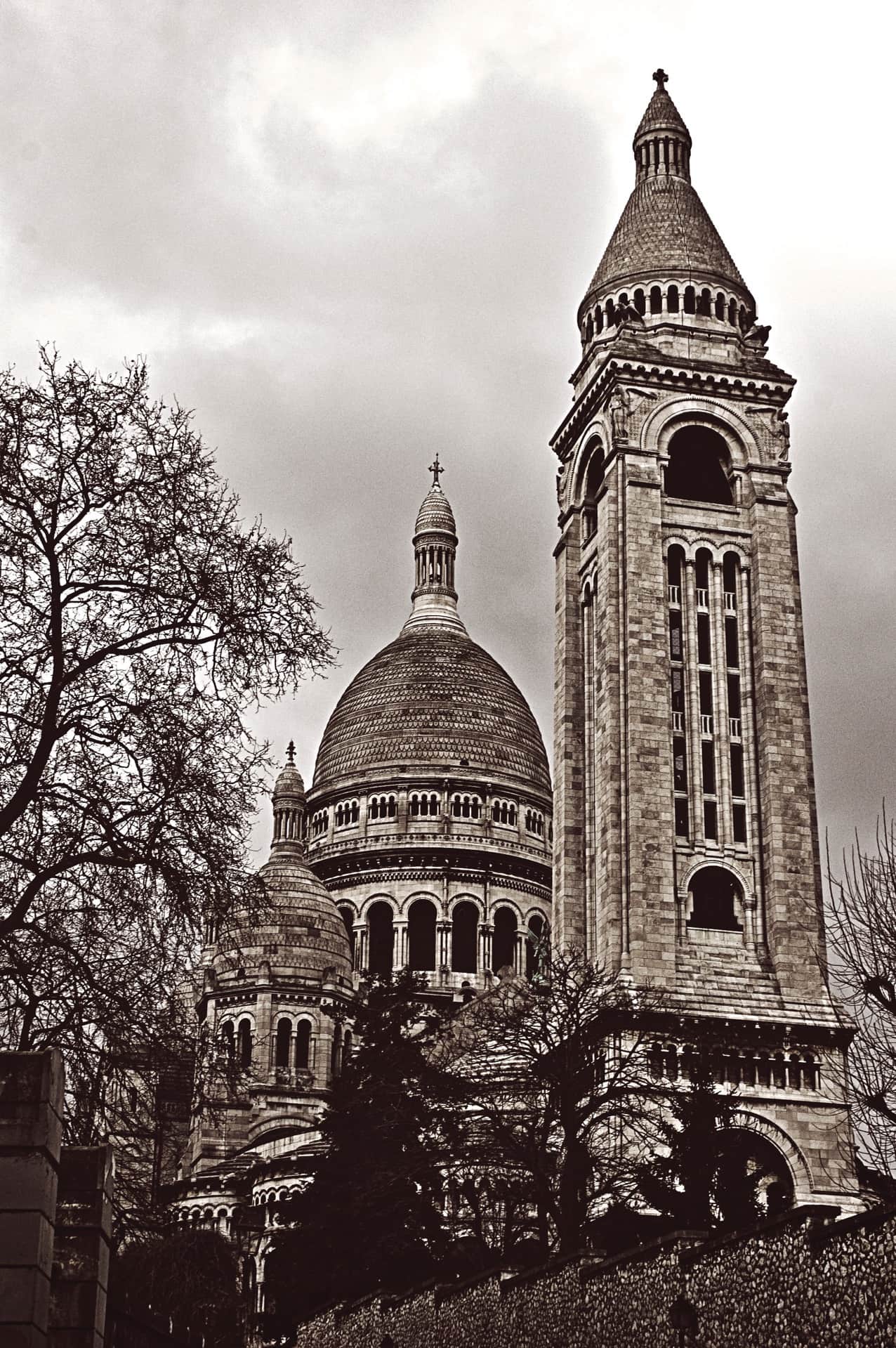 Cúpula y campanario de la basílica del Sacré-Coeur en contrapicado, con árboles sin hojas y cielo nublado, en sepia.
