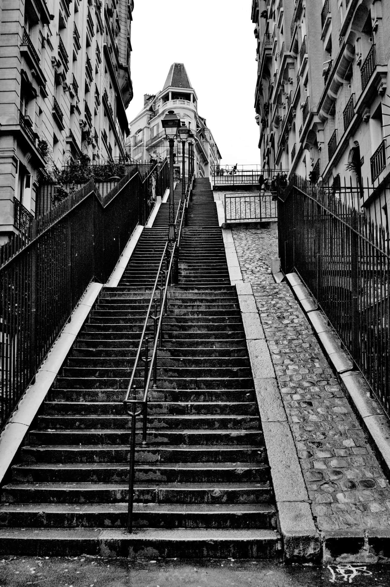 Larga escalinata urbana en contrapicado, con farolas de doble brazo, barandillas de hierro y una rampa empedrada, en blanco y negro.