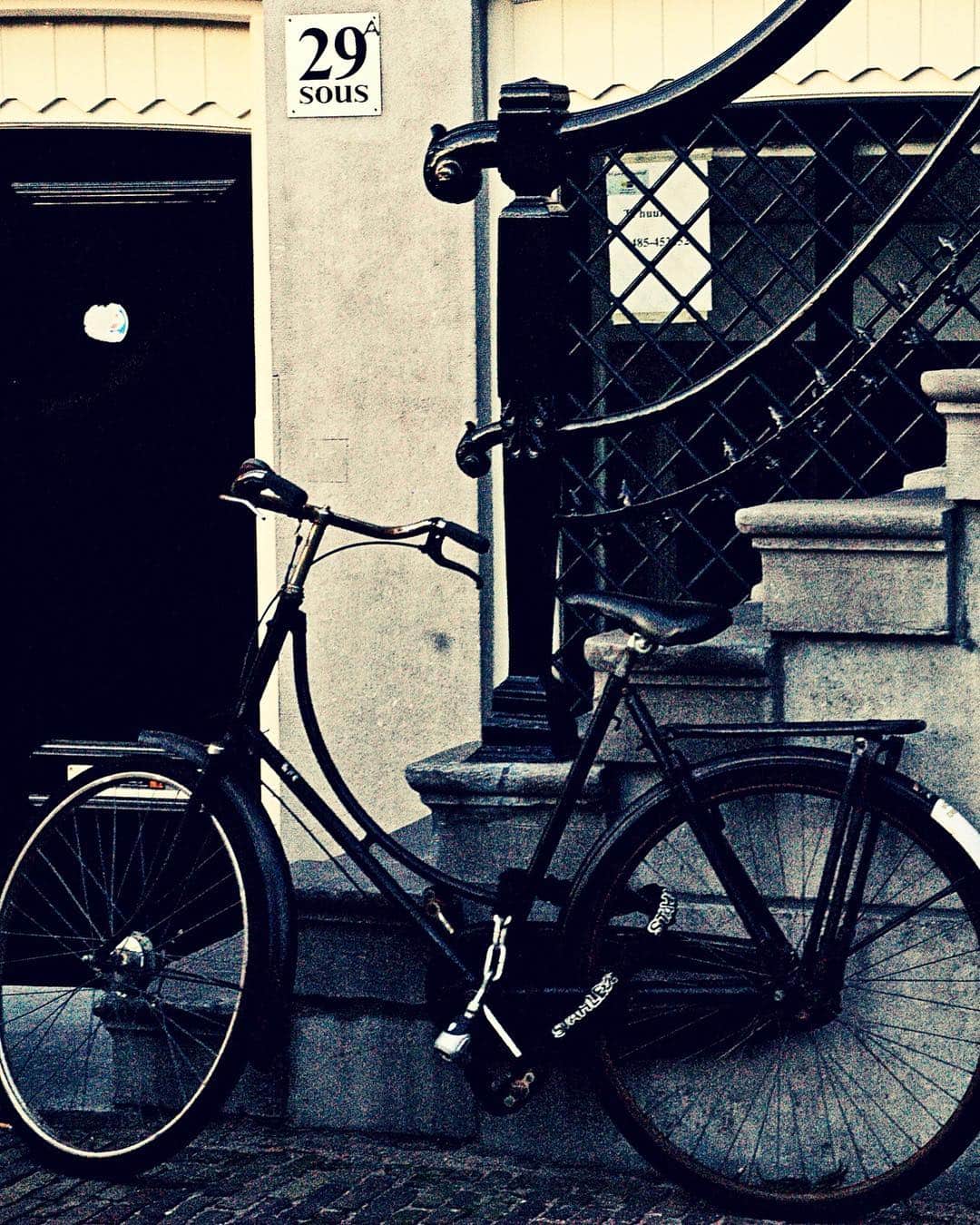 Bicicleta apoyada en la barandilla de una casa de Ámsterdam, junto a una puerta con el número 29.