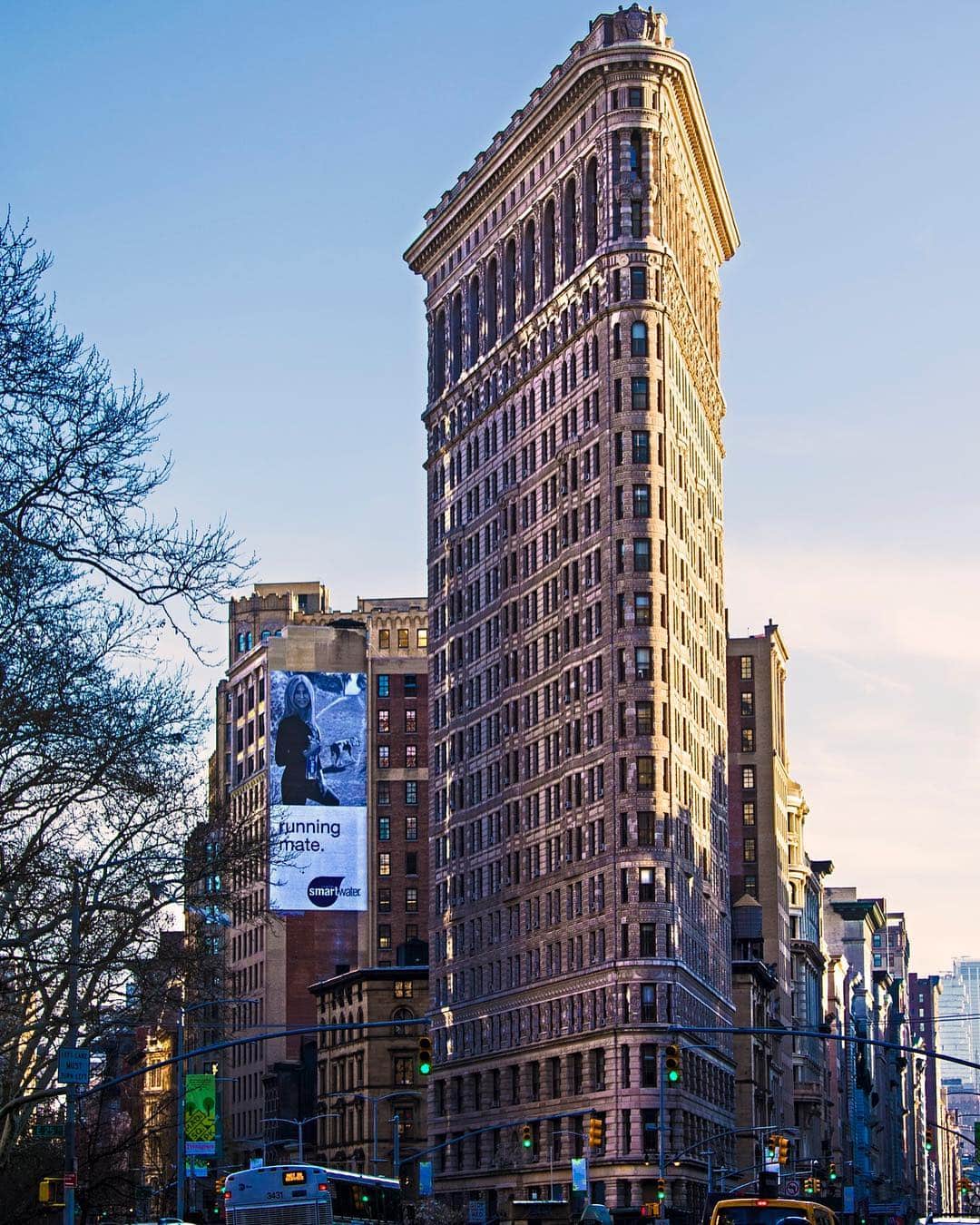 Edificio Flatiron de Nueva York visto desde la calle, con su forma de proa, entre ramas desnudas.