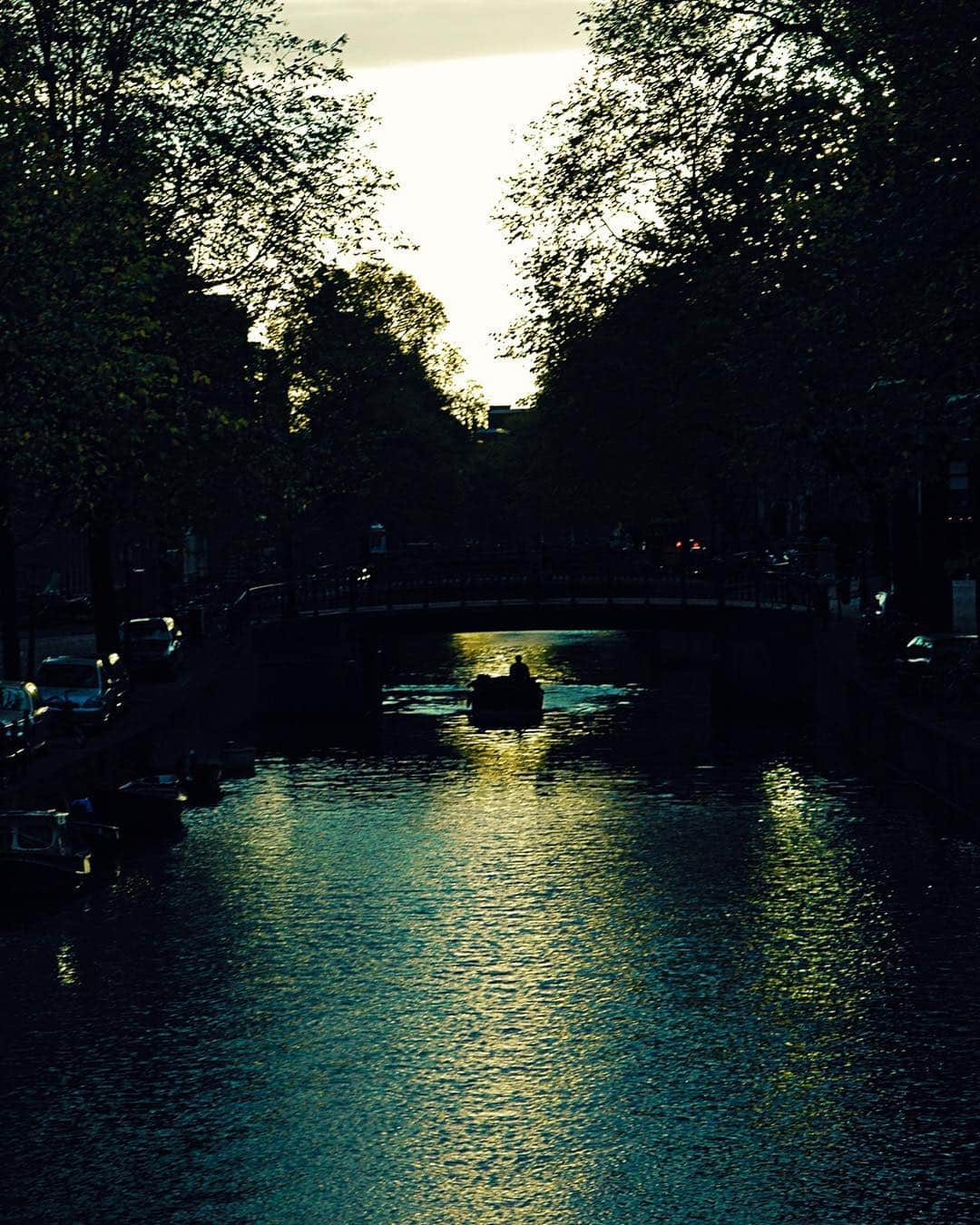 Canal al anochecer entre árboles oscuros, con una pequeña barca en el centro y el agua reflejando la última luz.